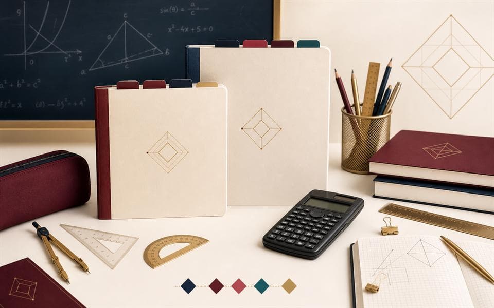 Des cahiers, instruments de géométrie et supports de mathématiques pour différents niveaux